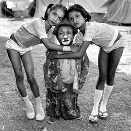 Duray with Two Young Acrobats, Rey Kamal Circus, Upleta, India, 1989, Silver Gelatin Photograph