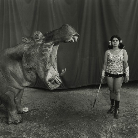 Hippopotamus and Performer, Great Raynow Circus, Madras, India, 1989, Silver Gelatin Photograph