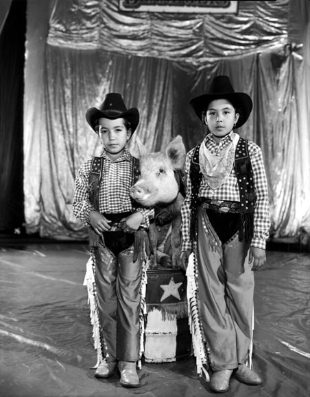 Claudia and Maritza Safari with Babe the Performing Pig, "Benneweiss Circus", Mexico City, 1997, Silver Gelatin Photograph