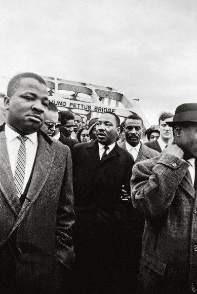 Dr. King Crosses the Edmund Pettus Bridge with Reverends Ralph Abernathy & Fred Shuttlesworth, 1965, 20 x 16 Inches, Silver Gelatin Photograph, Edition of 25