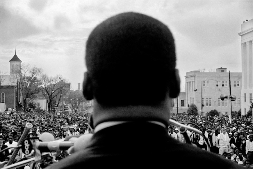 Stephen Somerstein Dr. Martin Luther King, Jr. speaking to 25,000 civil rights marchers at end of Selma to Montgomery, Alabama march, March 25, 1965    