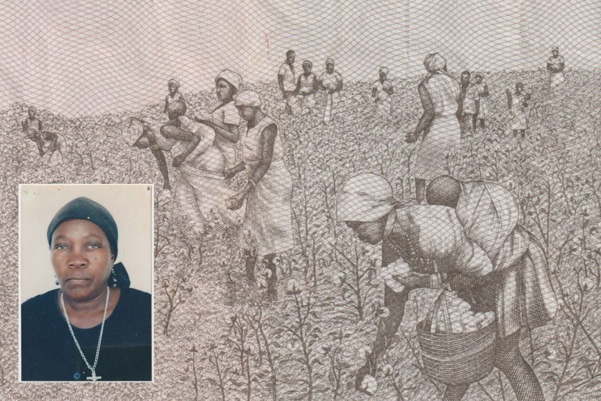 Maria Abranches, A collage featuring an old portrait of Belita Guilherme, Ana Maria Jeremias' mother, set against a background depicting women working in Angolan fields - an image taken from an Angolan banknote, a kwanza - that Ana Maria has kept since her first trip back to her homeland, when she reunited with her family after 30 years. Lisbon, Portugal.