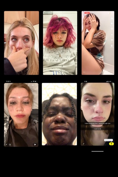 Crying Selfies Selfies of participants in the Social Studies series, Holly, Ella, Cooper, Stella, Jordan and Maren. Photographing oneself crying is a popular social media trope for teenagers, 2025