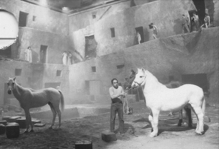 Horses on set of Satyricon, Rome, Italy, 1969, Silver Gelatin Photograph
