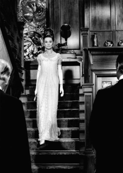Audrey Hepburn as Eliza, descends the stairs in her new ballgown on the set of "My Fair Lady", Burbank, CA, 1963, Archival Pigment Print