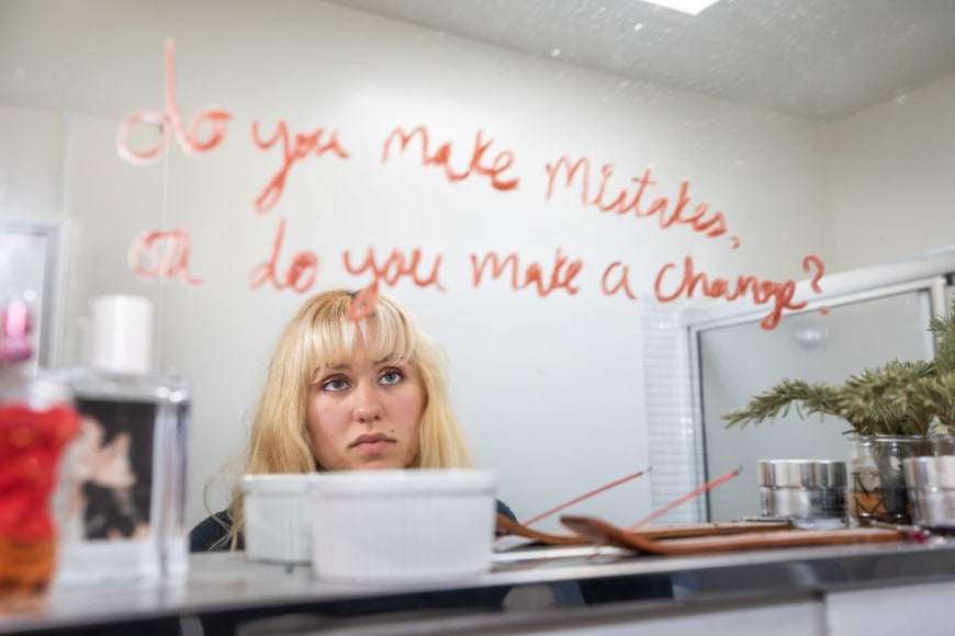 Ivy's Mirror Ivy questions herself on the bathroom mirror in lipstick, Santa Monica, 2022