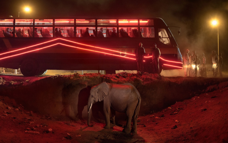 Bus Station with Elephant & Red Bus, 2018, Archival Pigment Print