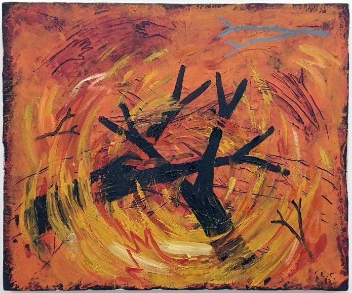 an expressionistic painting by Louisa Chase of two black trees in a swirl of fire
