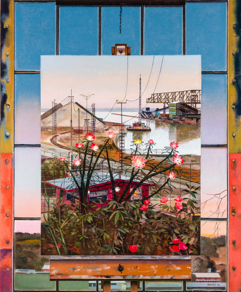 a painting within a painting - a landscape painting sitting on an easel in front of a window