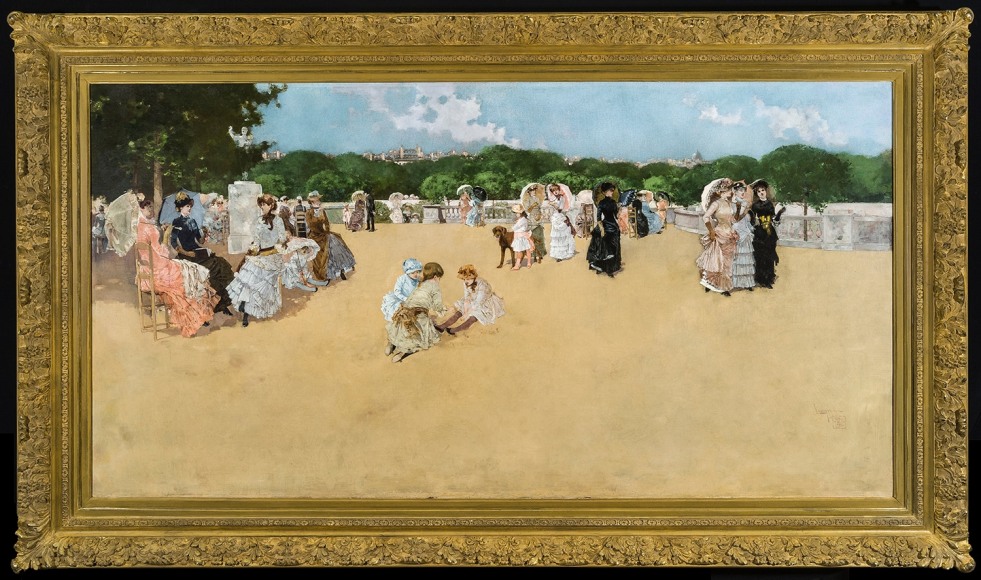 FERNAND HARVEY LUNGREN (1857&ndash;1932),  The Gardens of Luxembourg, c. 1882&ndash;84.  Oil on canvas, 30 1/2 x 58 1/8 in. With gilded Louis XIV-style frame.