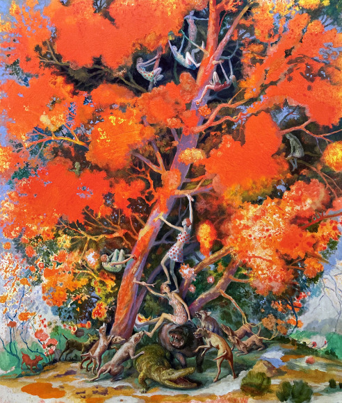 a painting by Julie Heffernan women climbing a tree with bright orange leaves to escape an alligator, hippo, and a pack of wild dogs circling at the foot of the tree