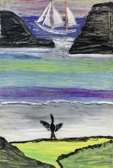 FRANK WALTER (1926&ndash;2009), &quot;Coastal Scene with Boat, Cliffs, and Shorebird.&quot; Mixed media on paper, 9 3/8 x 6 1/4 in.
