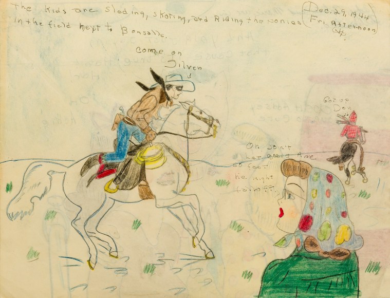 a drawing by self-taught artist Mary P. Corbett of her &quot;The Catville Kids&quot; in a snowy landscape with The Lone Ranger riding after a young woman and another young woman in green looks on