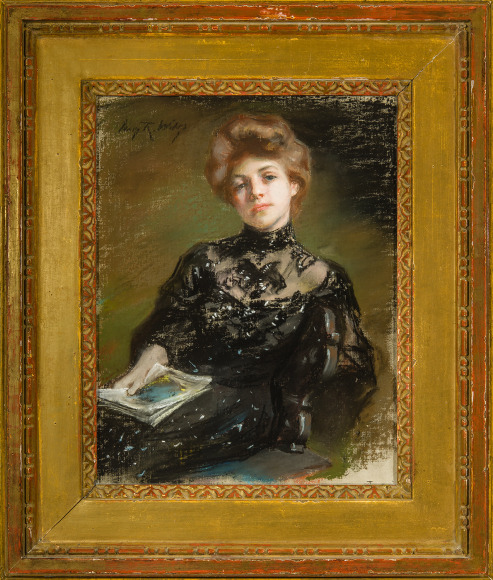 IRVING RAMSAY WILES (1861–1948), "A Woman Seated," c. 1900–10. Pastel on primed canvas, 15 x 11 3/4 in. Showing gilded frame.