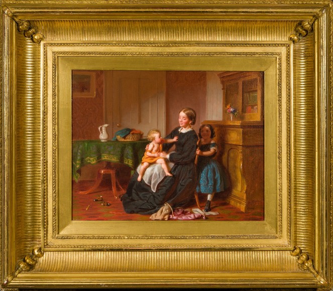 SEYMOUR JOSEPH GUY (1824&ndash;1910), &quot;Peek-a-Boo.&quot; Oil on canvas, 12 x 15 1/8 in. Showing gilded fluted cove frame.