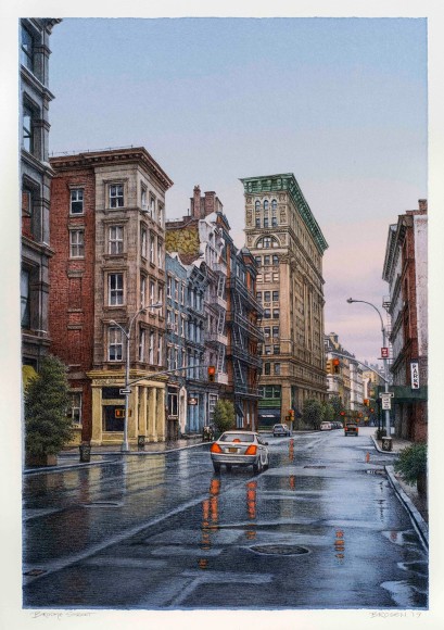 watercolor painting of Broome Street in New York City in the rain