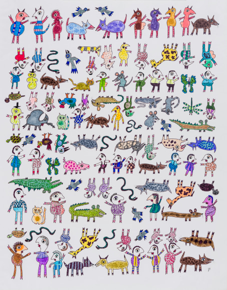 a drawing by self-taught artist Jeanne Brousseau of multiple figures and beasts arranged in a grid