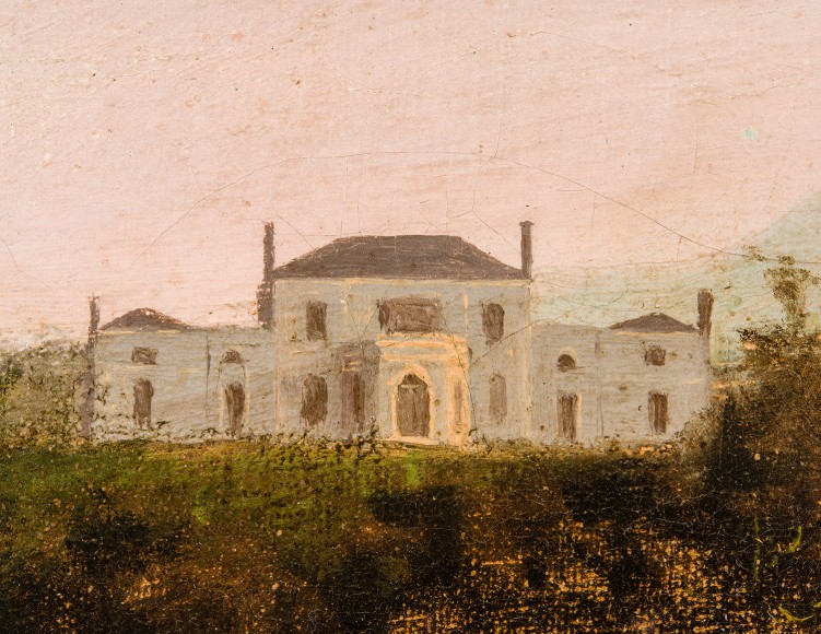 THOMAS COLE (1801–1848), "View of Featherstonhaugh Estate Near Duanesburg, New York," 1826. Oil on canvas, 34 x 48 in. Detail of manor house at upper left.