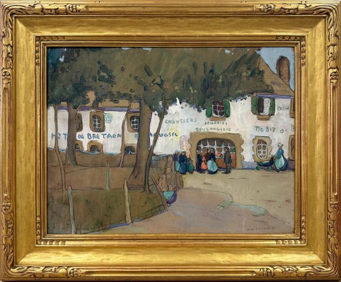 JANE PETERSON (1876&ndash;1965), &quot;Old Inn, Britanny,&quot; c. 1910. Watercolor and gouache on paper, 18 x 24 in. Showing gilded Arts &amp; Crafts-style frame,
