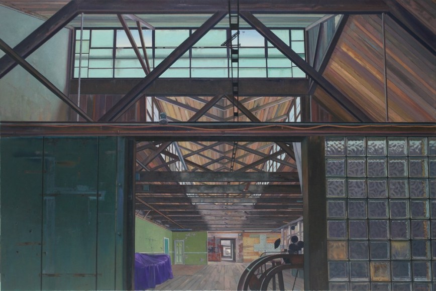 JOHN MOORE (b. 1941), Dye House, 2012. Oil on canvas, 60 x 90 in.