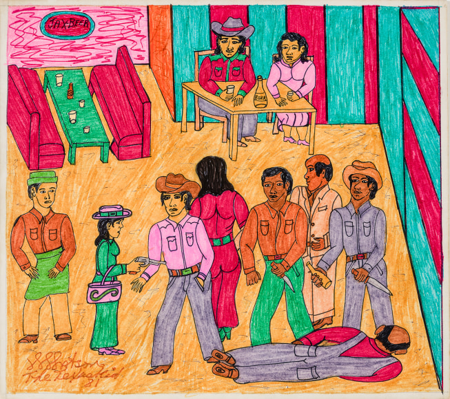 Willard Watson, aka &quot;The Texas Kid&quot; (1921&ndash;1955), &quot;Untitled (Accused),&quot; 1981. Colored marker and pencil on board, 13 1/4 x 15 in.