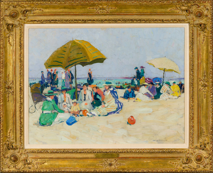 JANE PETERSON (1876–1965), "Picnic at the Beach," about 1915. Oil on canvas, 18 x 24 in. Showing gilded Regence-style frame.