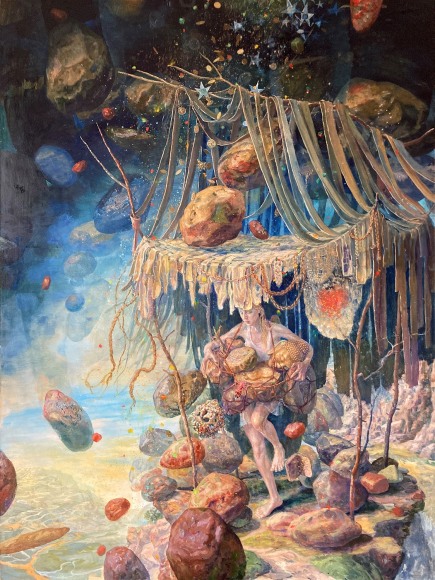 a painting by Julie Heffernan of a woman carrying various artefacts as boulders fall all around her