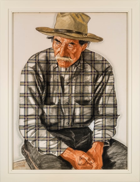WINOLD REISS (1886–1953), "Henry (White Dog) Whitford," c. 1931. Mixed media on Whatman board, 30 x 22 in. Showing white Modernist step frame.