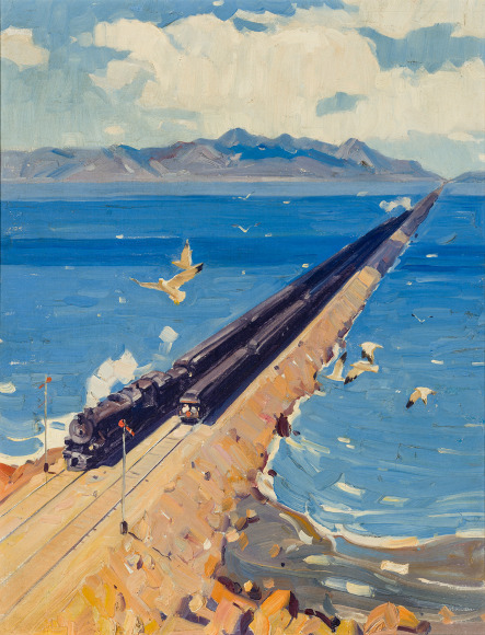 Maurice Logan (American, 1886–1977), "By Rail across Great Salt Lake, Overland Route." Oil on panel, 22 1/2 x 17 1/2 in.