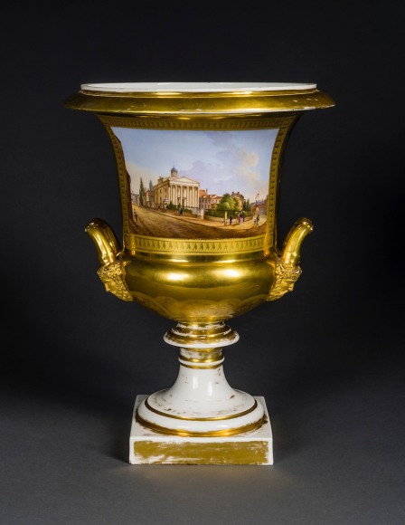 &ldquo;Old Paris&rdquo; Porcelain Crater-Form Vase with Two Views of Philadelphia, about 1830&ndash;32 French Porcelain, painted and gilded, with iron tie-rod for assembly 15 9/16 in. high, 11 1/4 in. diameter (at the top)