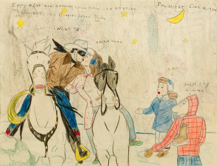 a drawing by self-taught artist Mary P. Corbett of two of her &quot;The Catville Kids&quot; getting dressed in a bedroom, one of the young women is dog-faced