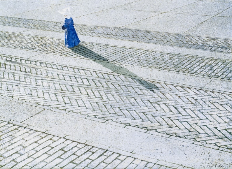 ROBERT VICKREY (1926–2011), "Nun Walking a Brick Road." Egg tempera on Masonite, 15 7/8 x 21 7/8 in.