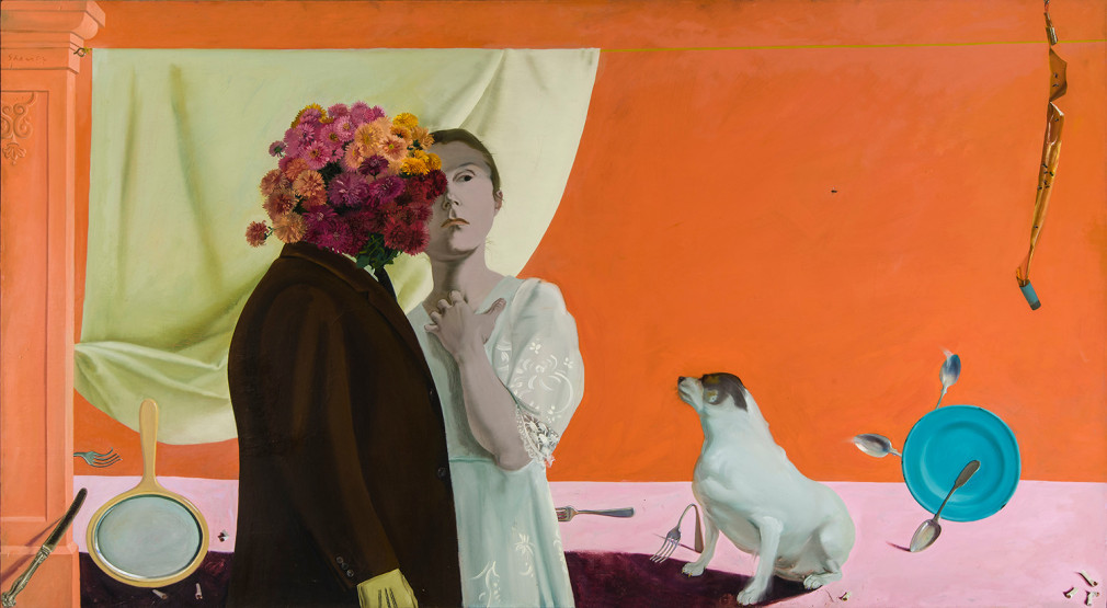 a surrealist painting by Honore Sharrer based on the "Hey Diddle Diddle" nursery rhyme