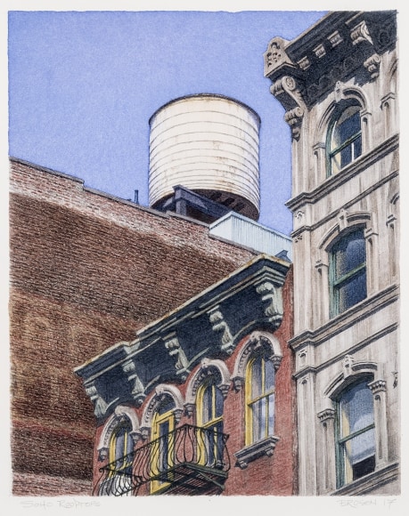 watercolor painting of rooftops in Soho area of New York City