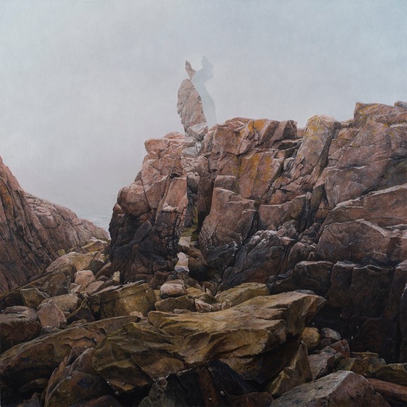 an egg tempera painting by Colin Hunt of a silhouette's void hovering over a rocky landscape