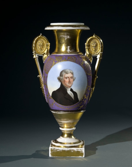 French, &ldquo;'Old Paris' Vase with a Portrait of Thomas Jefferson,&quot; about 1828&ndash;30. Porcelain, partially painted and gilded, with iron tie-rod, 14 in. high, 7 1/2 in. wide, 5 1/8 in. deep