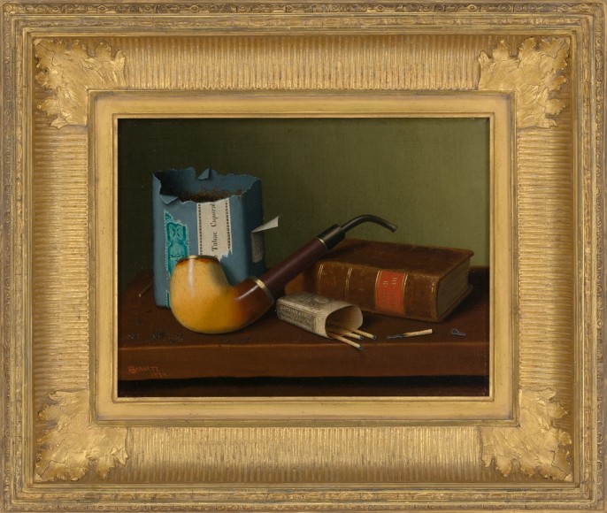 WILLIAM MICHAEL HARNETT (1848–1892), "The Smoker’s Companions," 1878. Oil on canvas, 9 x 12 in. Showing gilded fluted cove frame.