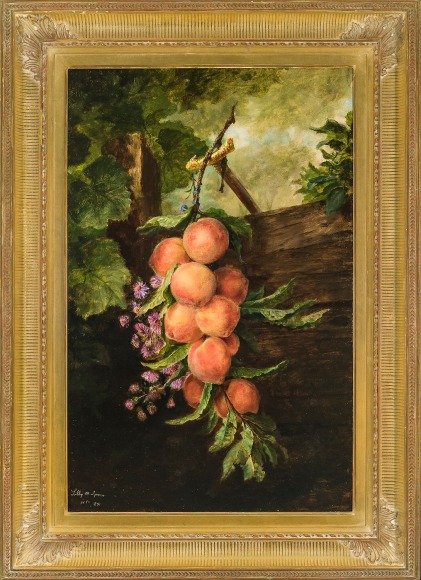 LILLY MARTIN SPENCER (1822&ndash;1902), &quot;Still Life with Peaches,&quot; 1891. Oil on canvas, 28 1/4 x 18 in. Showing gilded fluted cove frame.