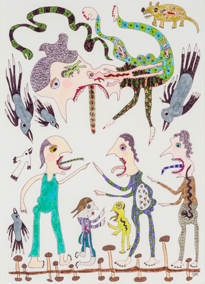 a drawing by self-taught artist Jeanne Brousseau of multiple fantastical figures and animals with open mouths and tongues sticking out