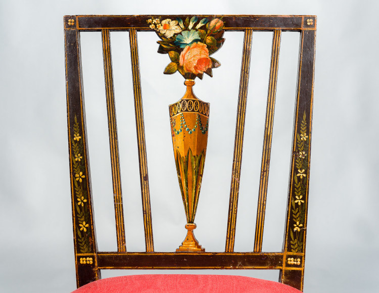 Pair Painted Side Chairs with Vase-Shaped Splats in the Sheraton Taste, about 1785&ndash;93 Attributed to John Seymour, Jr. (1767&ndash;1793), Portland, Maine  Black ash, cherry, and white pine, painted, with upholstered seats Each, 35 in. high, 20 in. wide, 19 1/2 in. deep (overall)