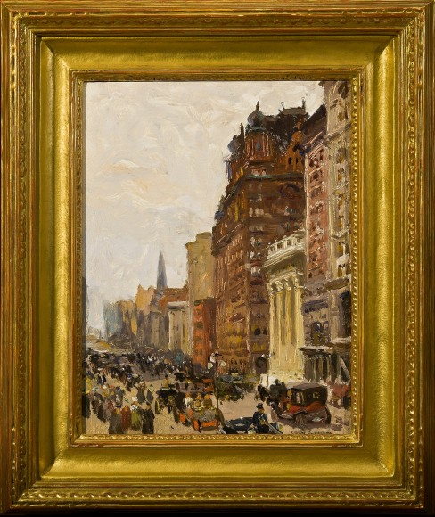 COLIN CAMPBELL COOPER (1856–1937)  "Waldorf Astoria, New York," about 1908.  Oil on board, 14 x 10 3/4 in. Showing gilded frame.