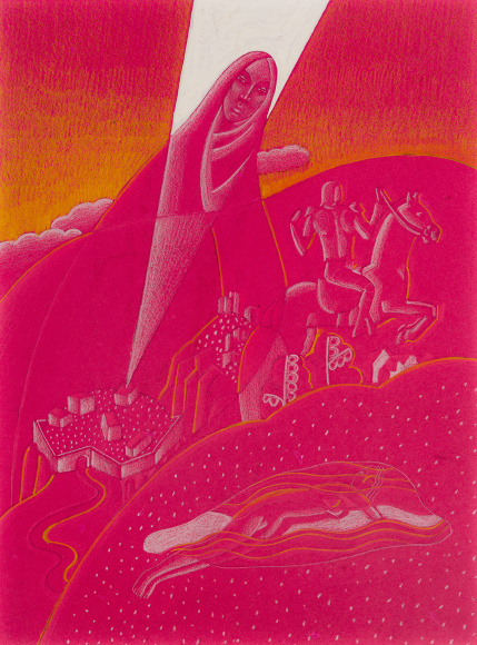WINOLD REISS (1886–1953), "Untitled (The Lady of Shalott)." Pastel and graphite on pink paper. 12 x 9 in.
