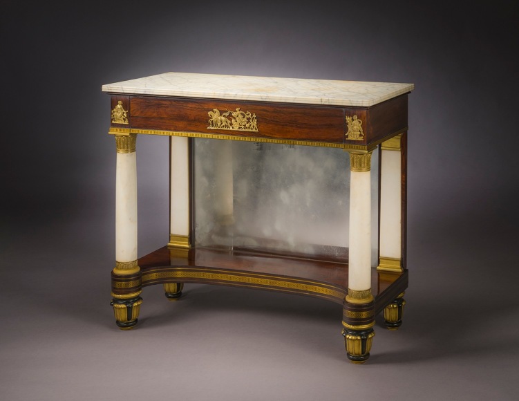 Pier Table, about 1817&ndash;22.  Attributed to Duncan Phyfe (1768&ndash;1854; active 1794&ndash;1847), New York.  Rosewood, with maple [probably] feet painted verde antique and gilded (secondary woods: tulip poplar), with die-stamped brass inlay inset with rosewood, ormolu mounts, marble, and mirror plate.  36 1/4 in. high, 42 1/4 in. wide, 18 1/8 in. deep (overall