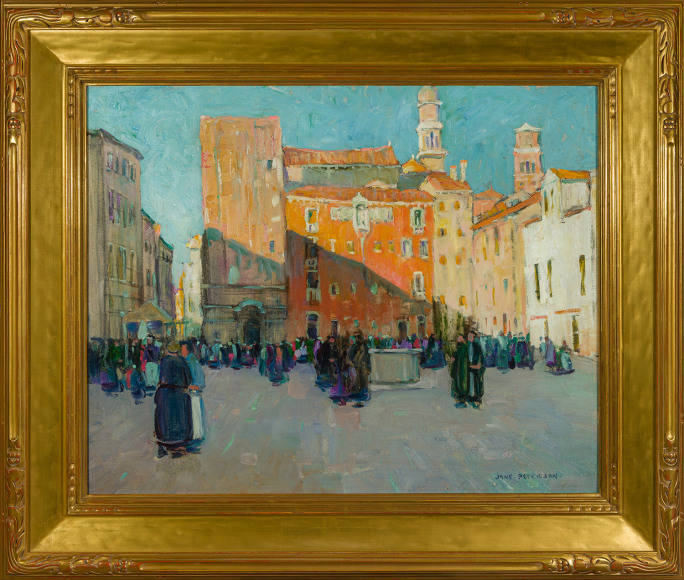 JANE PETERSON (1876&ndash;1965), &quot;Campo Santa Margherita, Venice,&quot; c. 1920. Oil on canvas, 24 1/2 x 29 1/2 in. Showing gilded Arts &amp; Crafts-style frame.