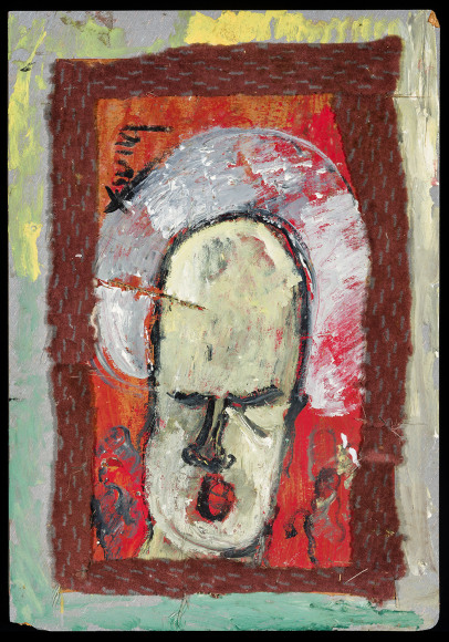 a paint and wood assemblage of an angel framed by carpet remnants by Self-taught artist Purvis Young