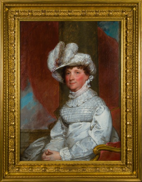 GILBERT STUART (1755–1828), "Portrait of Mrs. Barney (Ann Otis) Smith," about 1809–18. Oil on wood panel, 36 1/2 x 26 1/2 in. Showing original gilded "Carlo Maratta" frame.