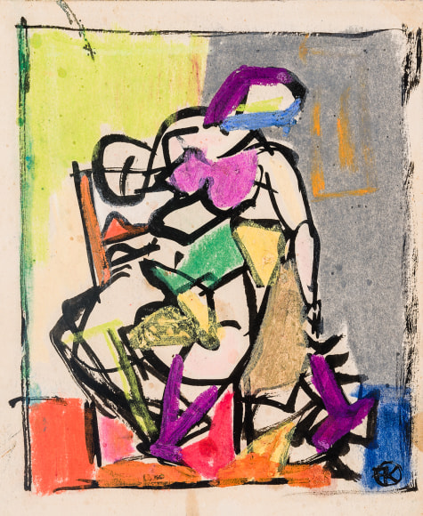 Franz Kline (1910–1962), "Elizabeth (Seated Figure with Cat)," 1947. Ink and pastel on paper, 6 x 4 3/4 in.