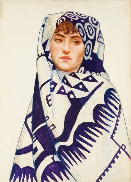 WINOLD REISS (1886–1953), "Girl in Decorative Wrap." Mixed media on watercolor board, 29 7/8 x 21 1/2 in.