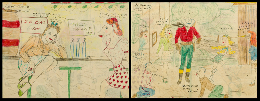 A double-sided drawing with two women (one with a horse face) on one side, and assorted boys and girls around the Lone Range on the other side.