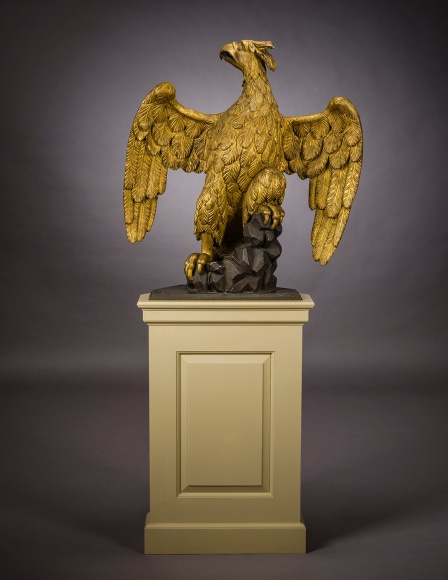 &quot;Eagle,&quot; about 1820. American. Wood, carved, gilded and painted, 34 1/2 x 31 1/2 x 17 in. deep (overall).